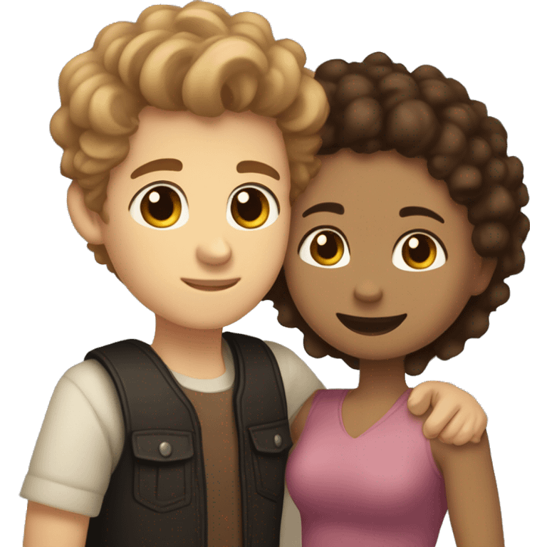 girl with light skin, hazel eyes and straight hair hugging a boy with fair skin, medium curly hair that is light brown and a tiny mustache and goatee and dark brown eyes emoji