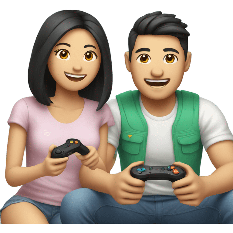 Cute asian couple happily playing video games emoji