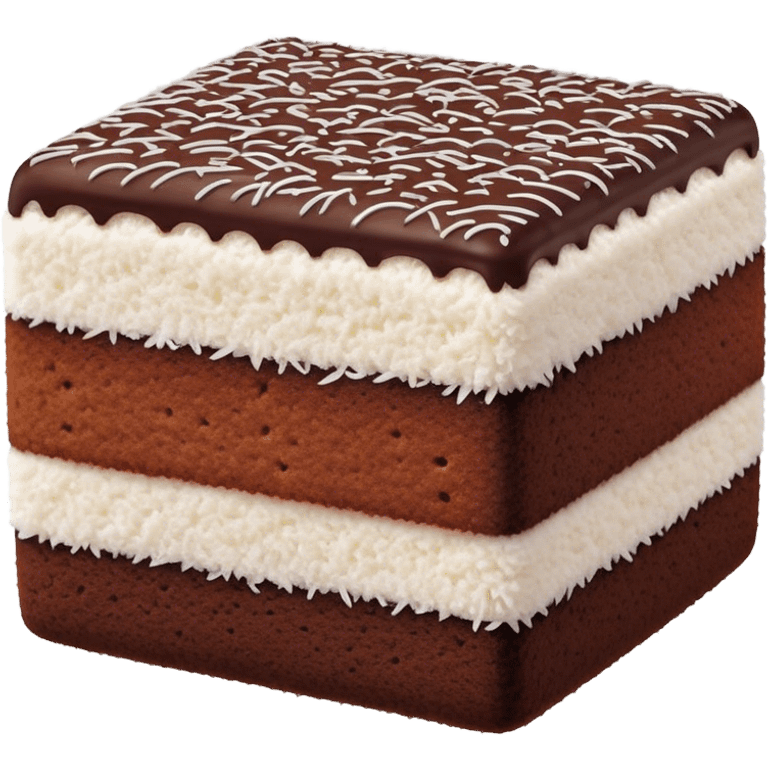 Lamington Cinematic Realistic Lamington Dessert Emoji, depicted as a sponge cake square coated in chocolate and dusted with coconut on all sides, rendered with lifelike textures and vibrant, tropical lighting. emoji