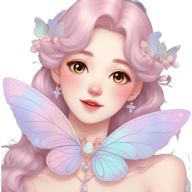 Gorgeous pastel anime style lady with blushing face and butterfly wings necklace cottagecore fairycore pastelcore colorful pearly romantic simplistic aesthetic trending style emoji