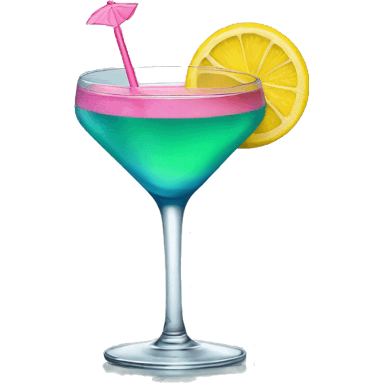 Bluish green cocktail with pink and yellow emoji