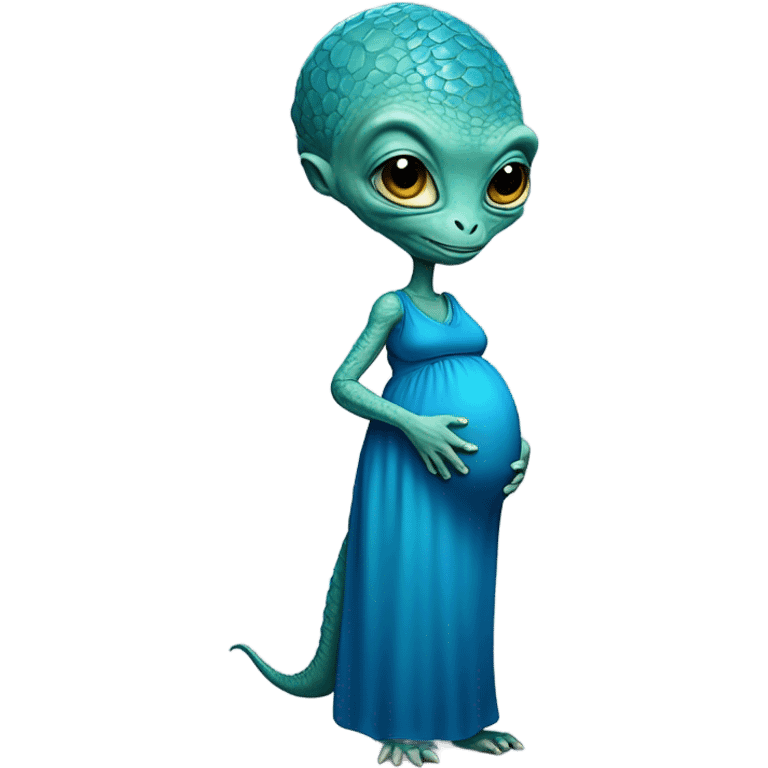 Pregnant Reptilian alien woman, full body in blue dress emoji