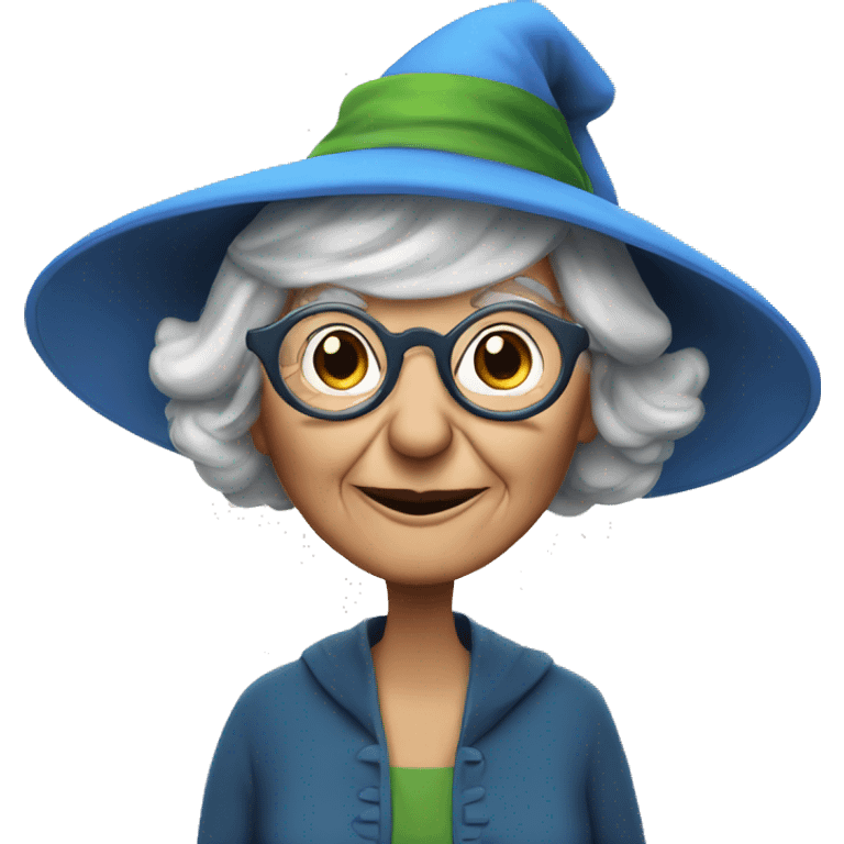 smart granny witch with glasses and blue hat lunching with friends emoji