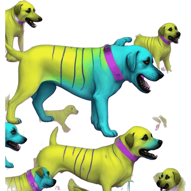 .Zombie_ Vaporwave black holographic oilslick zombie yellow Labrador zombie dog yellow caution tape graffiti stripes iridescent blue purple mane yellow stripes emoji