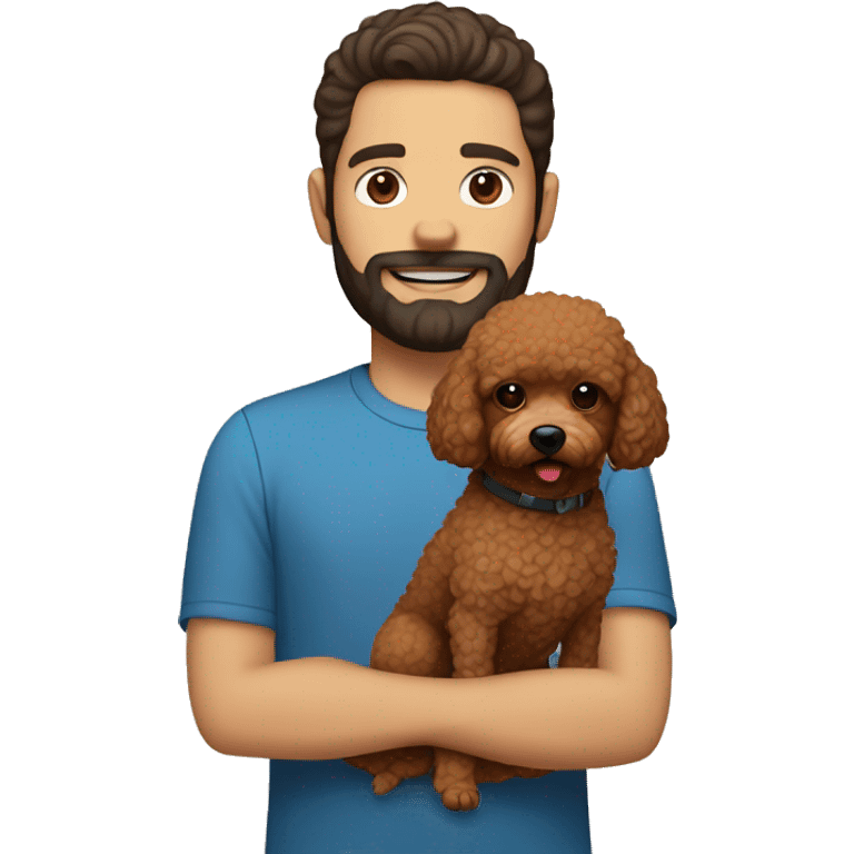 white guy with dark hair and beard holding brown toy poodle emoji