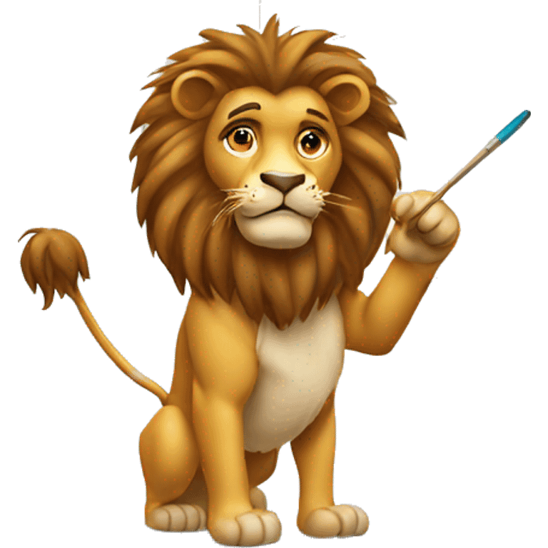 lion standing holding paint roll and point the whiteboard emoji