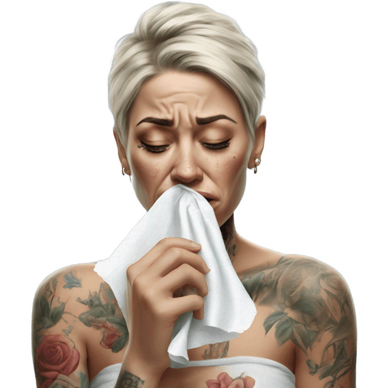 Hyper Realistic Beautiful tattooed woman crying holding a tissue   emoji