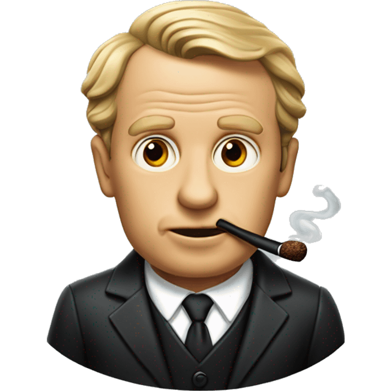 David Ogilvy wearing a black suit while in his mouth he has a classic tabaco pipe  emoji