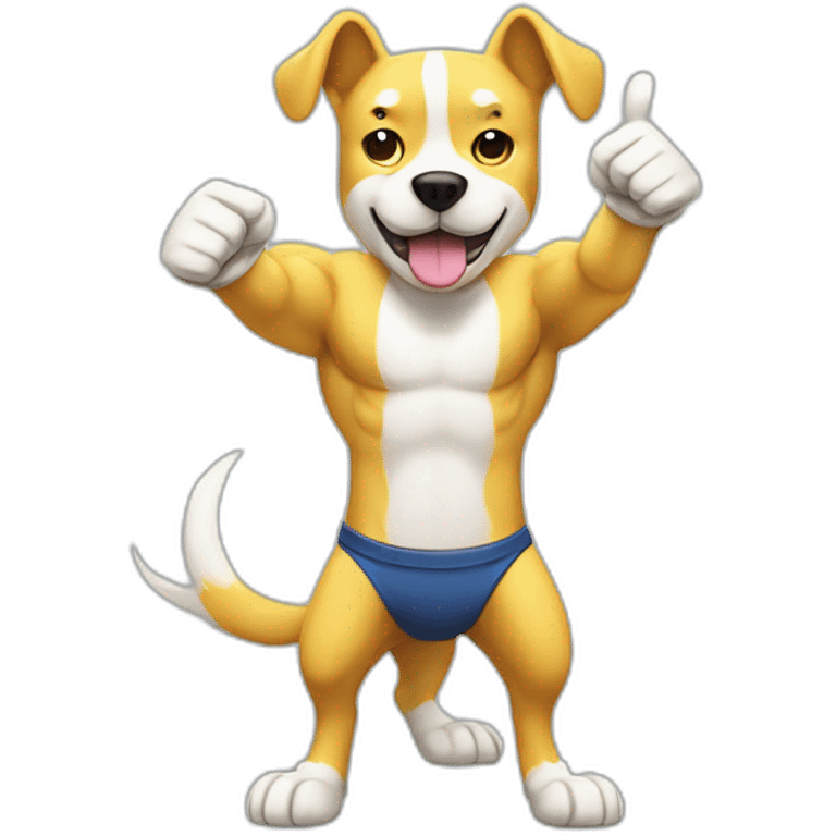 yellow and white dog with muscles and thumbs up showing the whole body with thumbs up gesture emoji