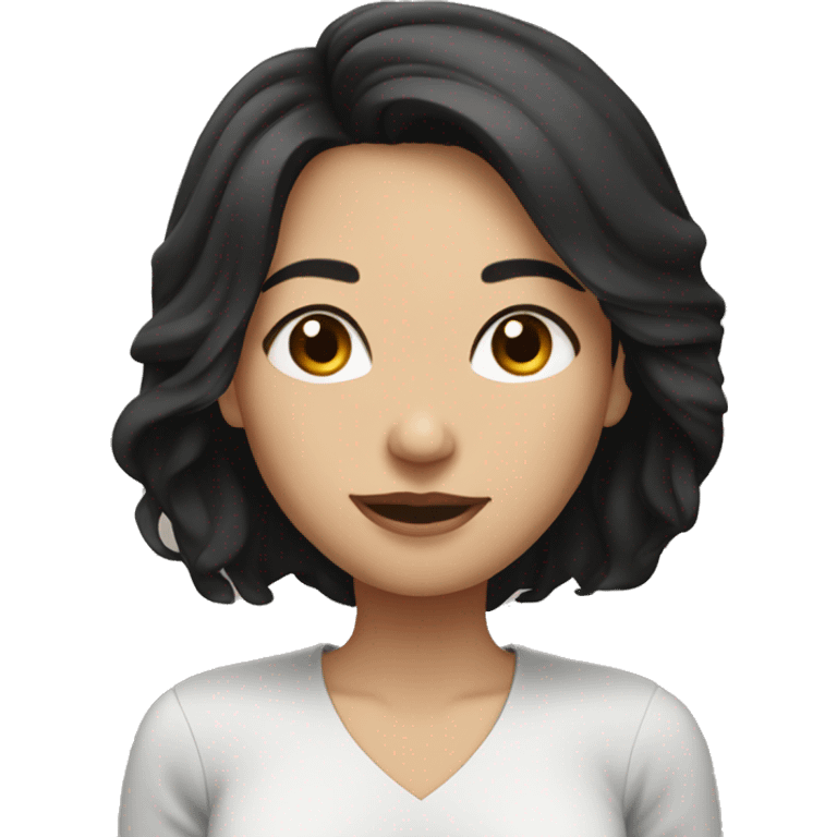 light brunette woman, with shoulder-length black hair and pretty emoji