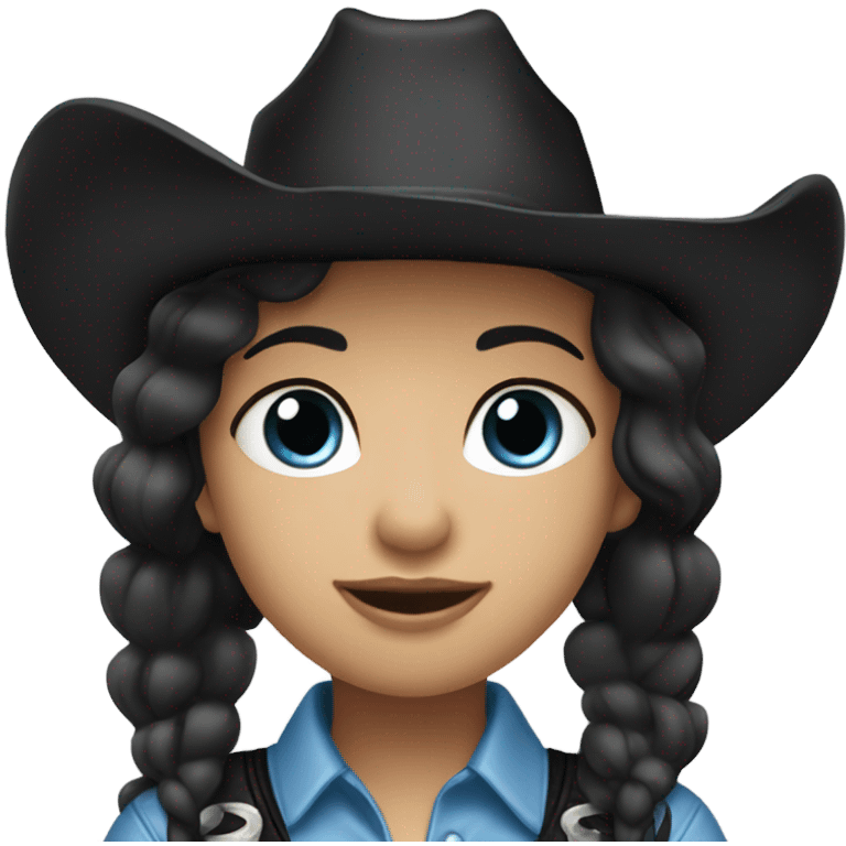 Blue eyes cowgirl, pale skin, black hair, black cowgirl hat emoji