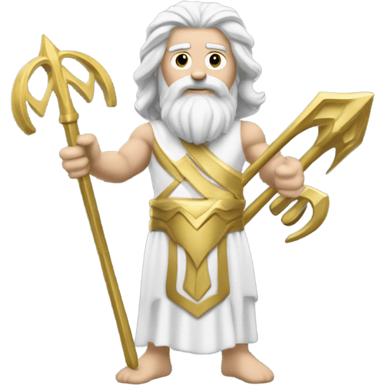 white man Poseidon with gold Trident. long white hair white dress.  with tools emoji