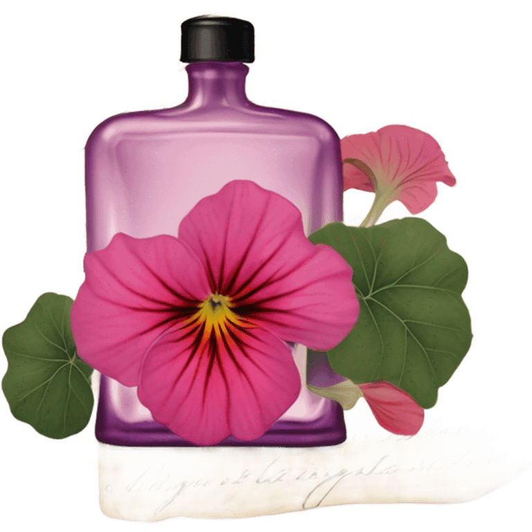 Aesthetic display of blush violet nasturtiums, an elegant deep pink perfume bottle, and a vintage love violet letter written in flowing script. emoji