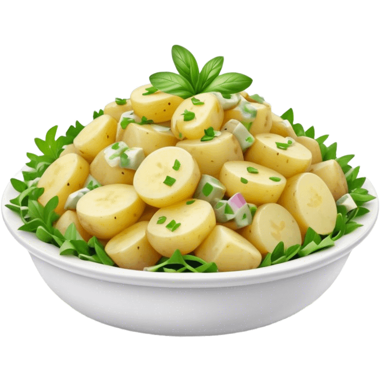 Cinematic Realistic Kartoffelsalat Dish Emoji, showcasing a traditional potato salad with fresh herbs and tangy dressing rendered with lifelike detail and vibrant, natural lighting. emoji