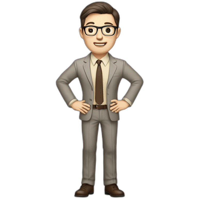 Full height Actively Gesturing Pale skinned fit man with dark brown hair in gray jacket, beige office shirt, brown tie, brown pants and vintage glasses. emoji