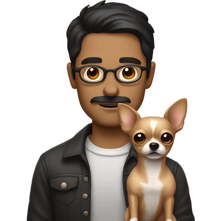 dark hair dark eye man with short mustache wearing glasses holding chihuahua emoji