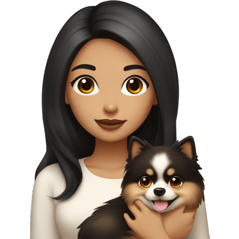 A girl with long black hair, light brown eyes, big lips, she has fair skin, holds a light pomeranian in her hands emoji