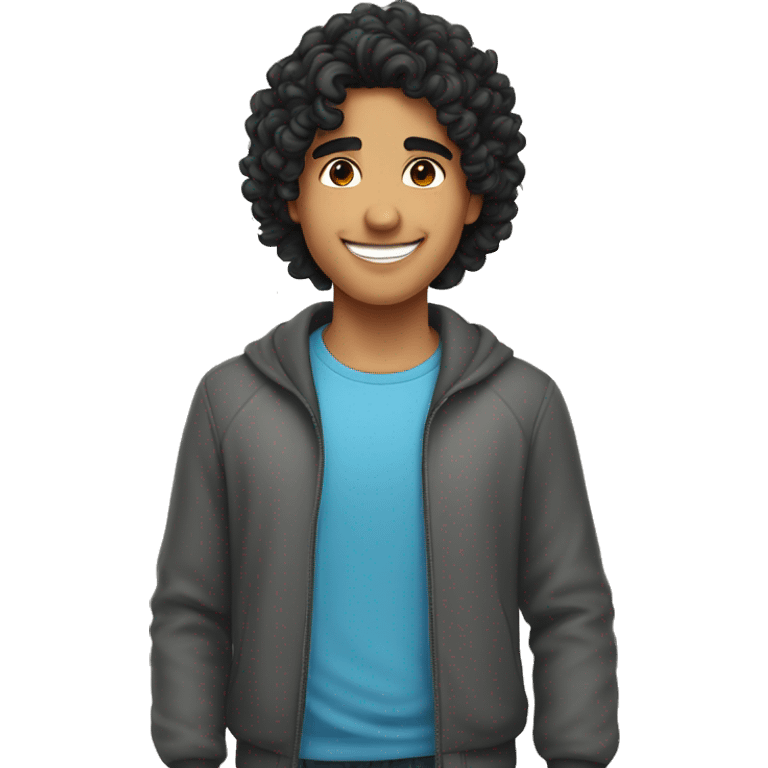 young hispanic guy with very curly longer black  hair and no beard or mustache, and with sweet smile emoji