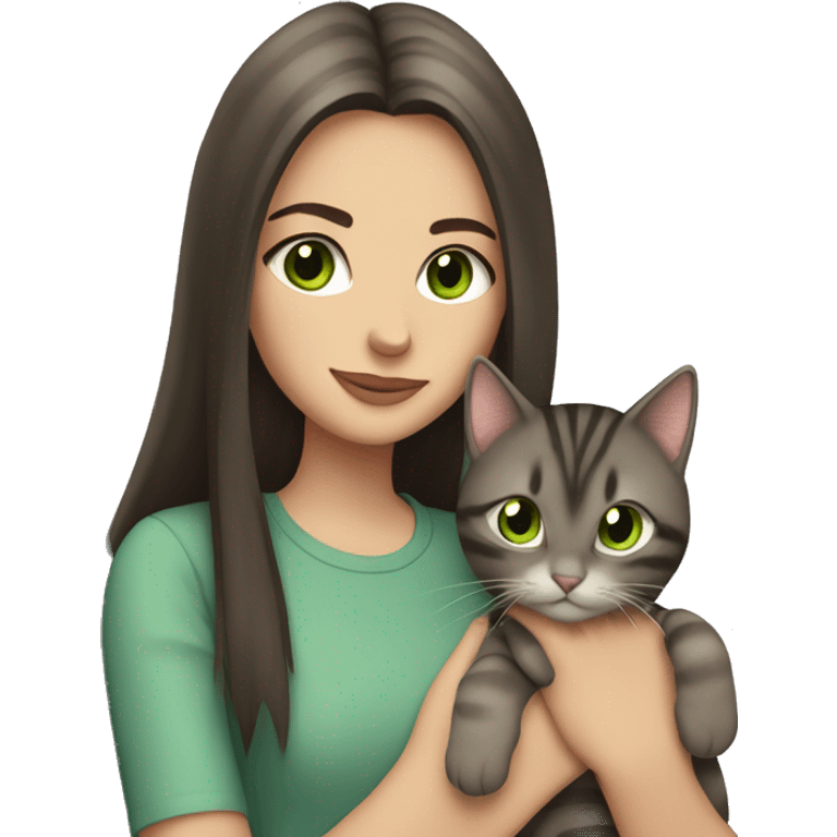 Brunette girl with straight hair, green eyes, holds a gray, striped, brown-eyed cat in her arms emoji