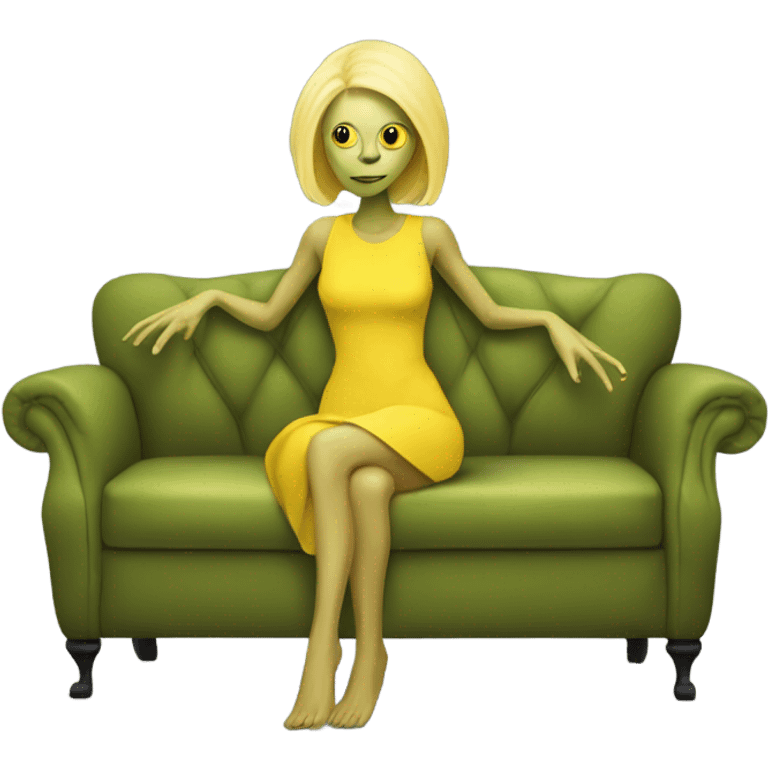 blonde alien reptilian woman in jellow dress, sitting on a couch  emoji