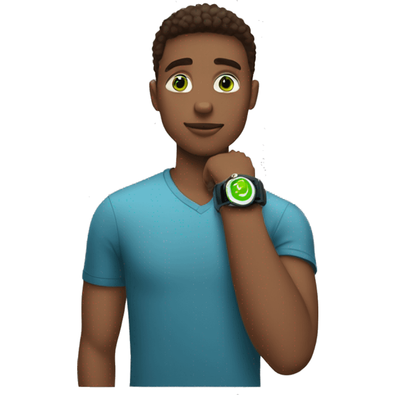 young man with green eyes looking at his smartwatch on his wrist emoji