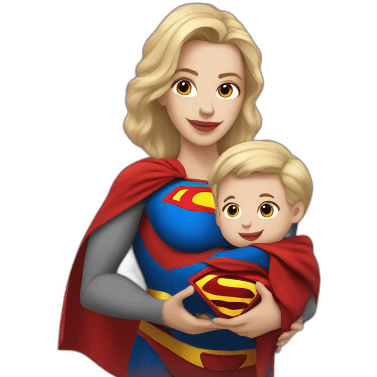 mother white skin brown hair dressed as Superman with a cape holding a blondbaby emoji