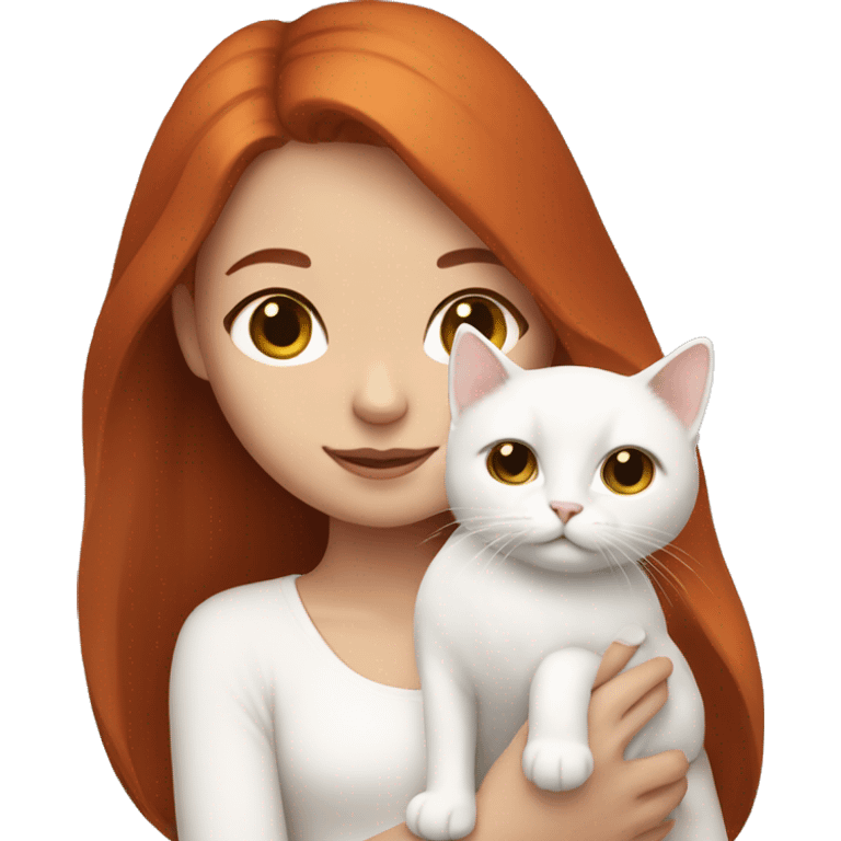 auburn hair girl holding a white cat emoji