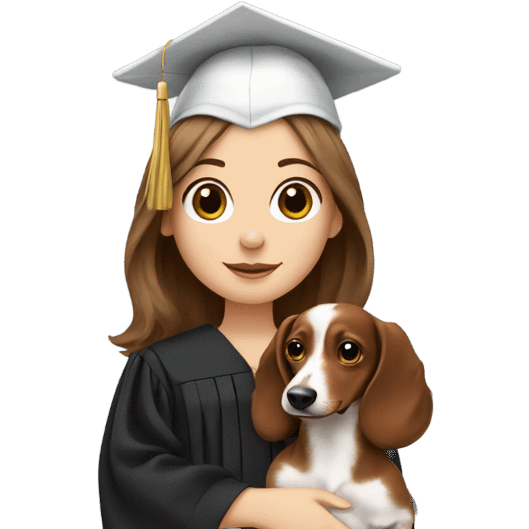 Brown haired white girl in graduation cap holding black long haired dachshund  emoji