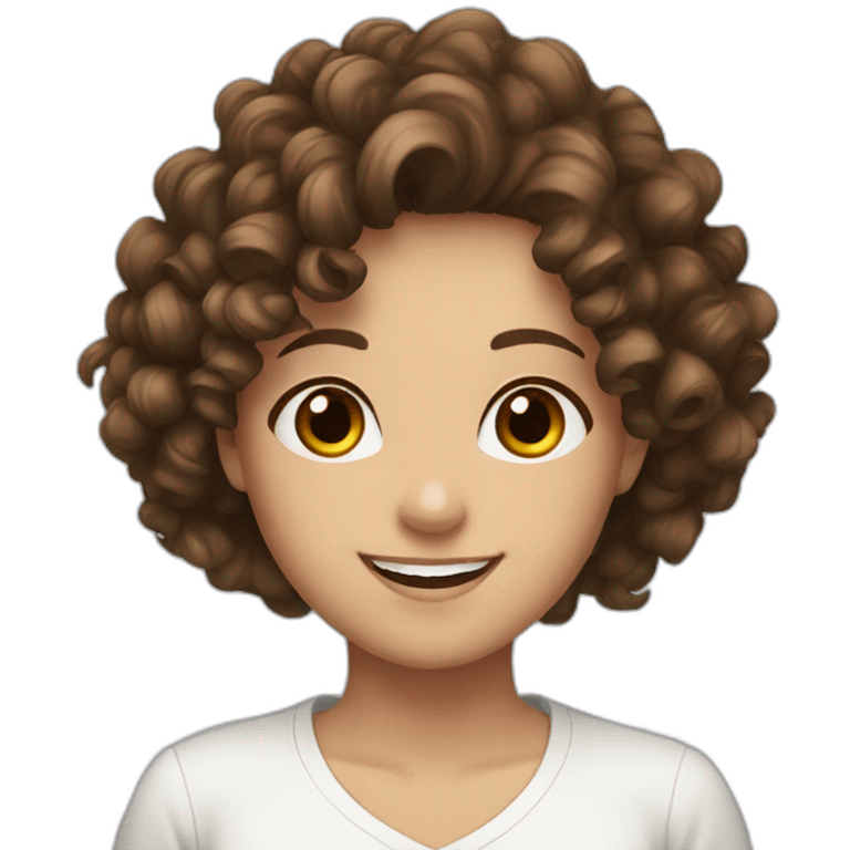 curly hair, brown hair, women, brown eyes, white shirt, smile, emoji