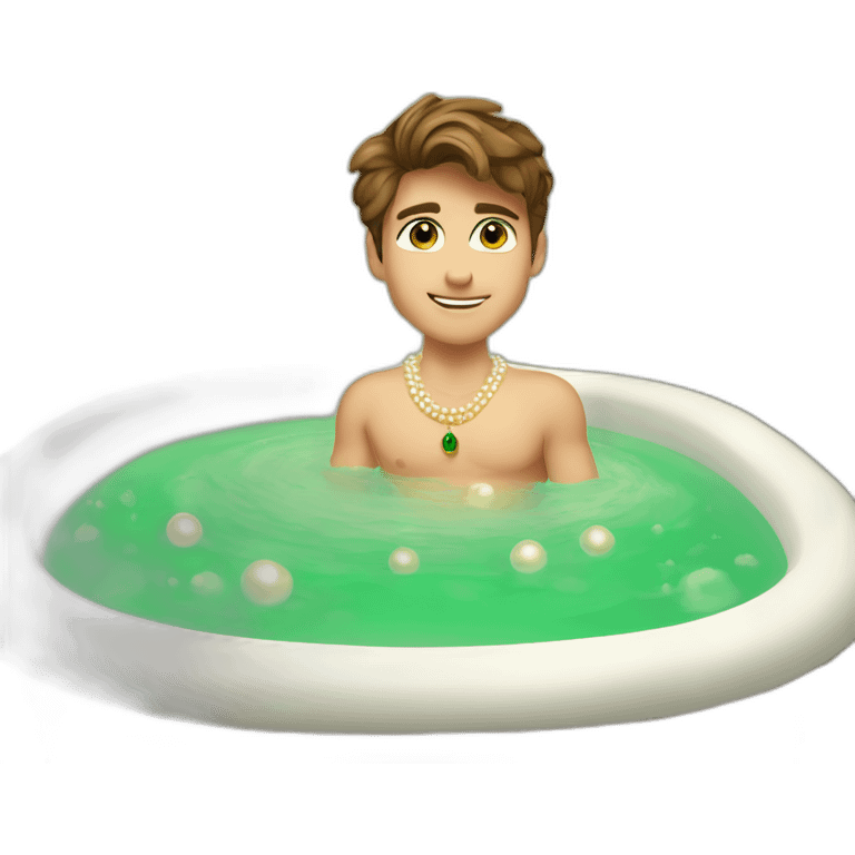 Posh-muscle-boy-brown-hair-green-eyes-pearl-necklace-in-golden-bathtub emoji