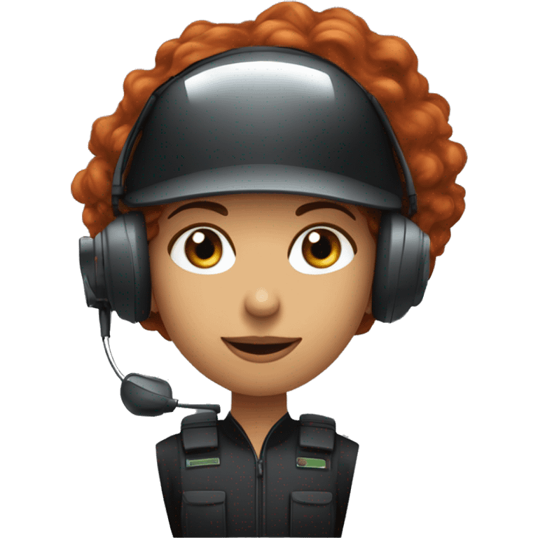 operator dressed in black with a milatary helmet, without glasses, wearing a headset, ready to respond to alerts, preferably curly redhead female  emoji