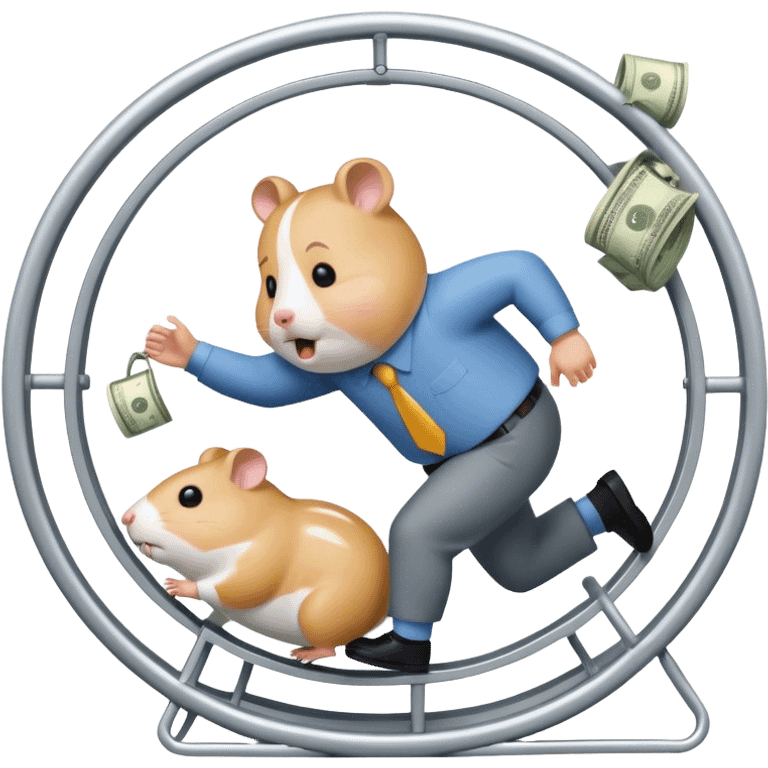 Create an emoji of a tired, overworked entrepreneur running on a hamster wheel, chasing a floating dollar sign or a bag of money. The character has dark circles under their eyes, looks exhausted, and appears stuck in an endless cycle. The hamster wheel represents constant struggle, while the money is always just out of reach. The style should be clean and easily recognizable as an emoji

 emoji