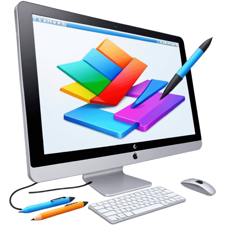 Computer graphics icon, large monitor with graphic design software open, graphic tablet, stylus, vibrant colors, minimalistic style, clean lines, transparent background. emoji