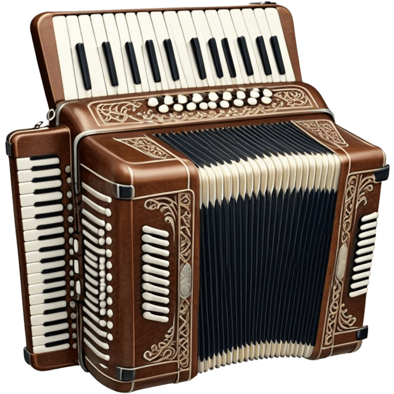 Cinematic Realistic image of a classic accordion, rendered with finely detailed textures and intricate keywork, set against a backdrop of soft, ambient lighting that highlights its vintage charm emoji