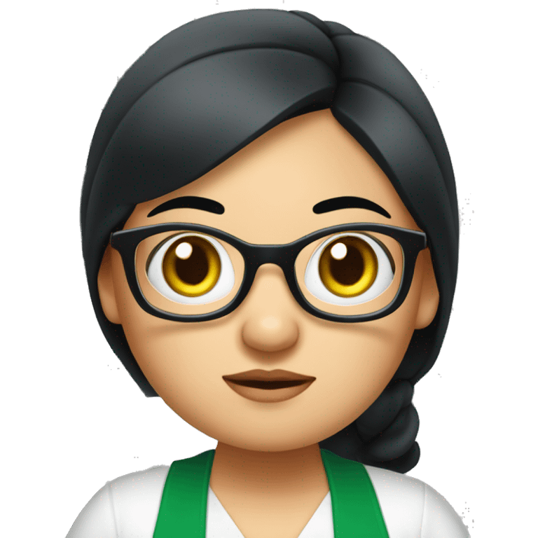 chubby lady with black hair and big eyes green apron  with glasses cooking  emoji