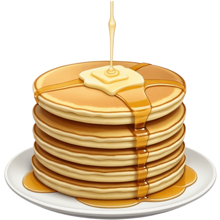 Cinematic fluffy golden pancakes, stacked high, drizzled with maple syrup, topped with fresh butter melting on top, light dusting of powdered sugar, warm and inviting, soft glow and mouthwatering. emoji