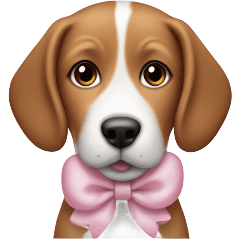 Cute beagle dog with short ears and is medium brown and white that's cute and a little chubby that is really cute that has a cute little baby pink bow on its ear as if it’s a hair accessory emoji