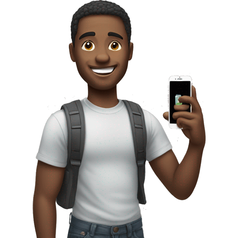 guy holding iphone in his hand with a smile on his face emoji