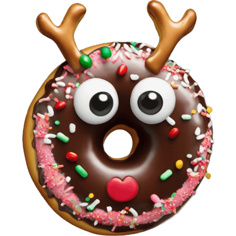 Holiday donut with a reindeer face decoration, chocolate glaze, and candy eyes emoji