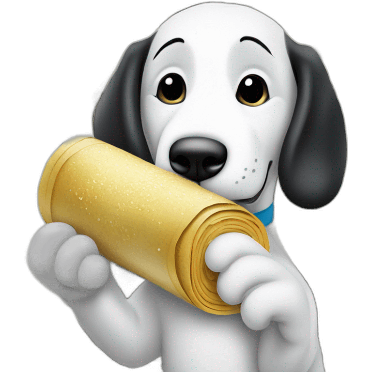 Rolled up dollar bill, held by snoopy in his paw hand pressed against his snout leaning over a pile of sugar and sniffing a pile of sugar through the dollar emoji