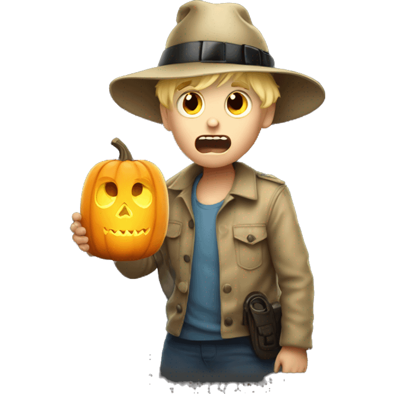 blond boy with hat scared Flashlight in hand spooky halloween emoji