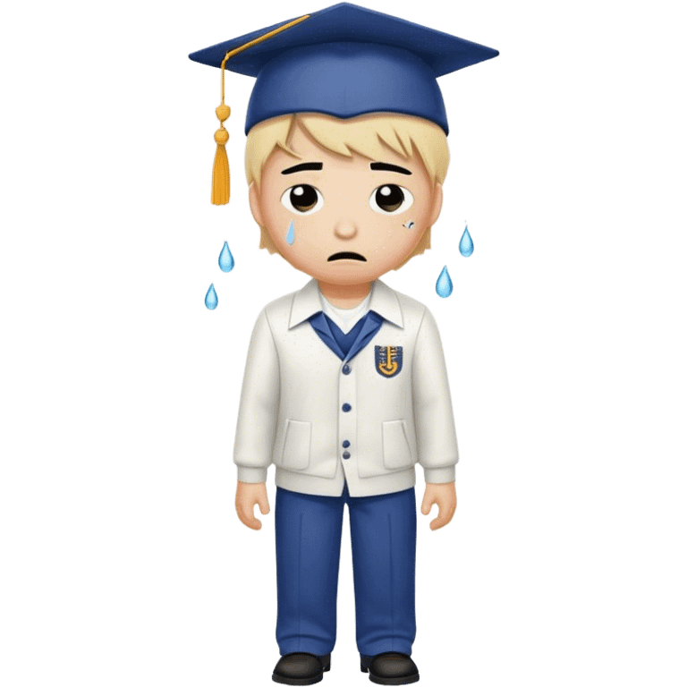 Create an emoji of a student with white skin tone crying. He is wearing a university uniform, including a shirt and pants and hat. The man is visibly upset, with tears streaming down his face. The background should be simple to emphasize his emotional state, conveying the feeling of being overwhelmed with school stress or personal struggles emoji