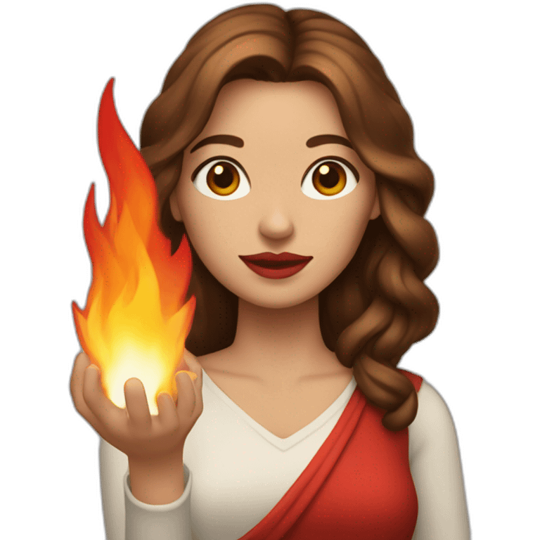 A women with warm brown hair, red lips, holding fire in the palm of her hand emoji