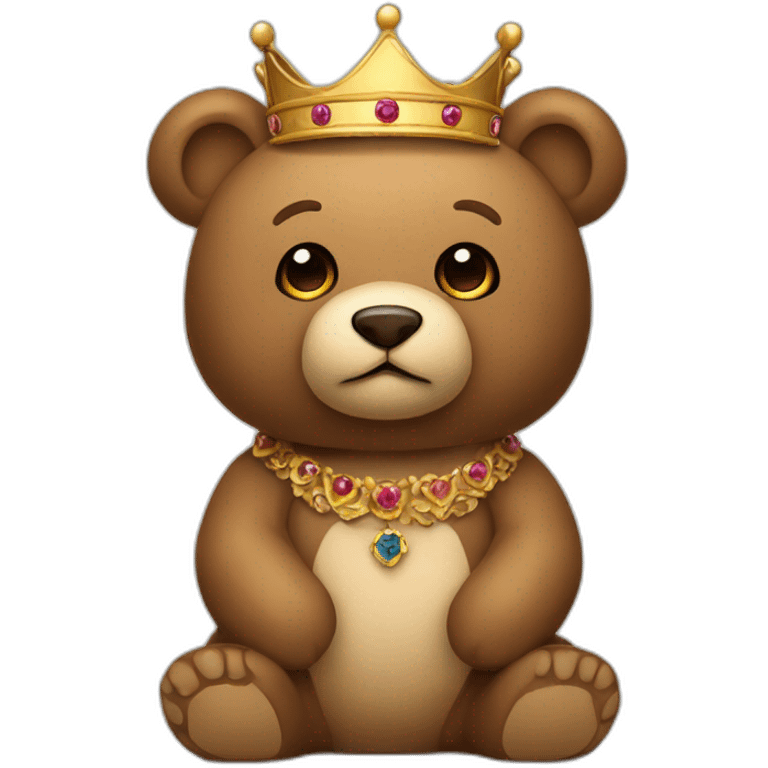 Teddy bear sitting in kings thrown wearing a crown emoji