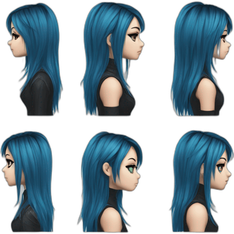 Side profile realistic emo girl, black makeup, long choppy blue hair side bangs emoji