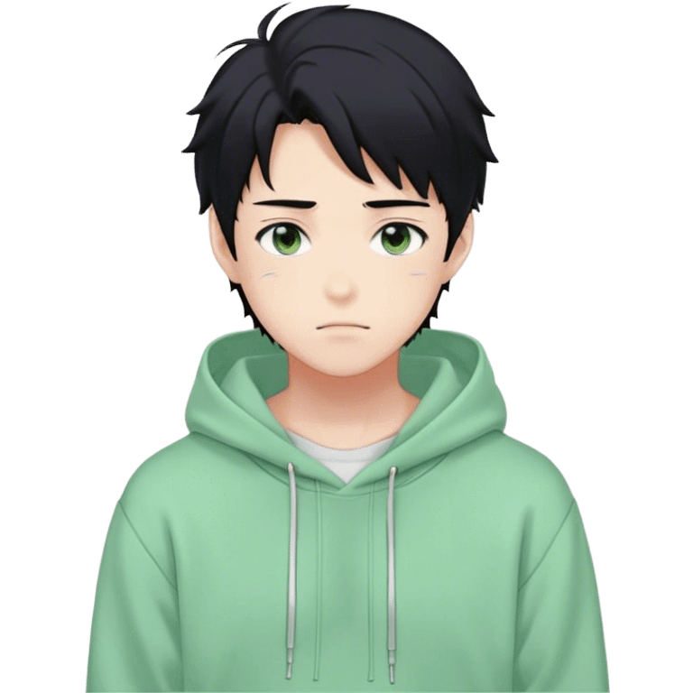 Gorgeous pastel green sweater black hair anime style shojo guy with blushing face and, hoodie, aesthetic, young adult, trending style, outside, vedal987 emoji