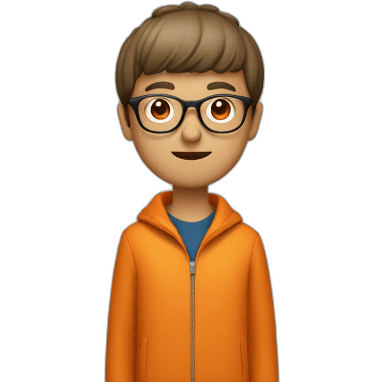 a man with a bowl cut brown squar glasses, a orange jacket emoji