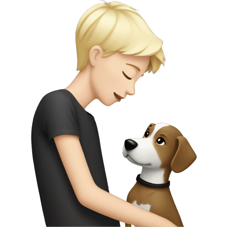 Tom boy with short blonde hair kissing a black and white dog with long hair emoji