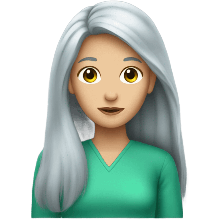 long Grey hair girl in blue with green emoji