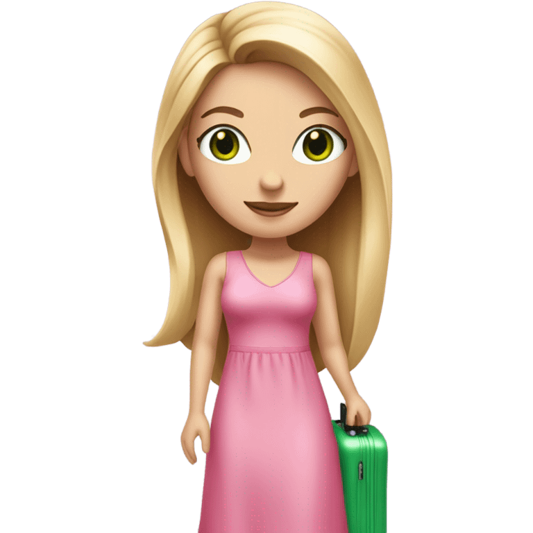 Realistic White girl with Long straight blonde hair and green eyes, tattoos, full body wearing pink dress, holding pink luggage emoji